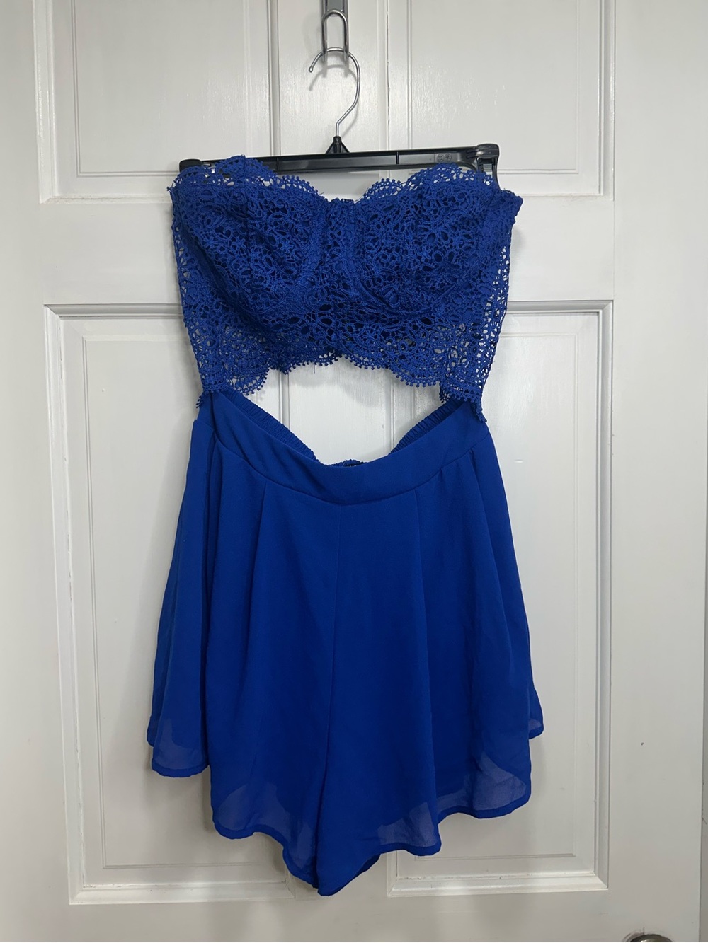 Iris Strapless Crochet Chiffon Cutout Romper in Blue Size Small